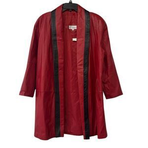 Vintage Tibor Leather Coat Trench Medium Red Black Open Front Butter Soft 1980’s